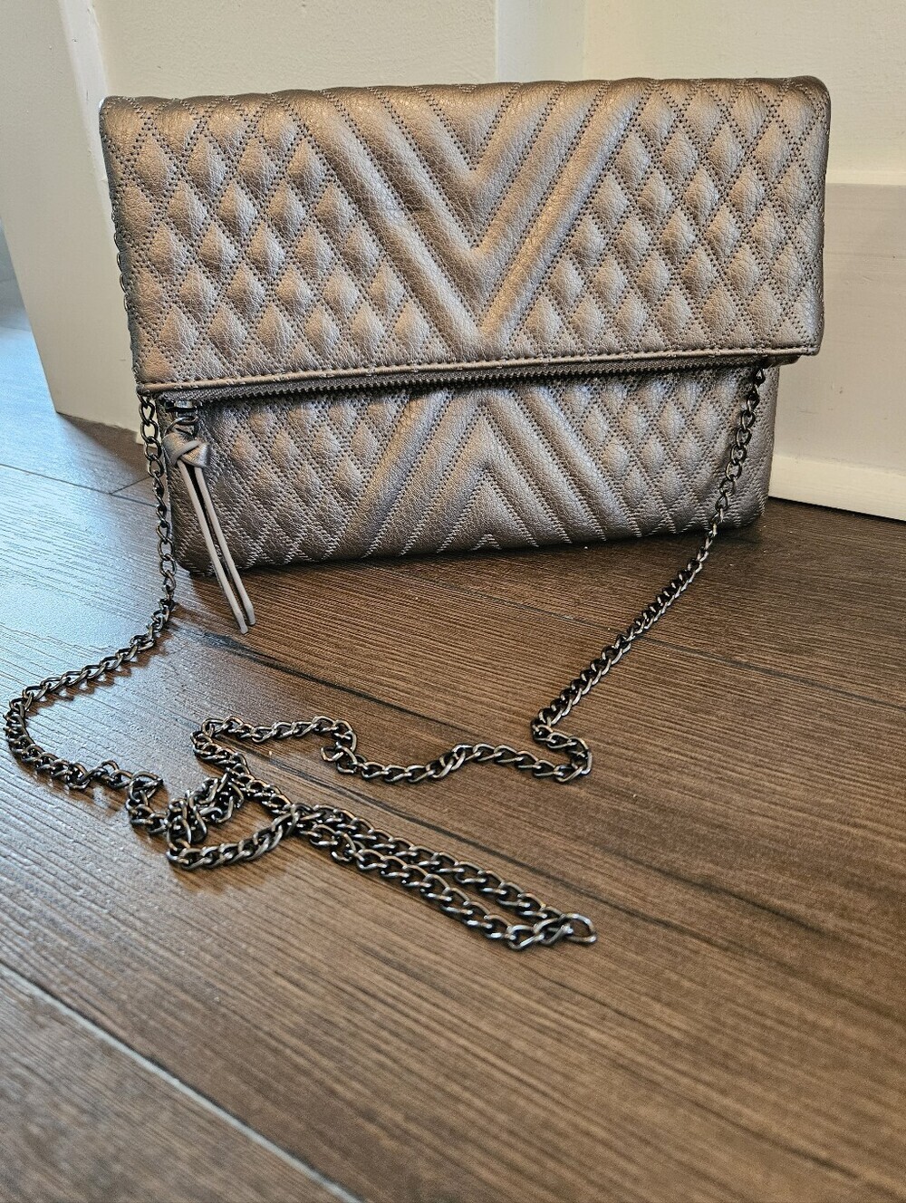 NWOT Madison West Metallic Pewter Quilted Foldover Crossbody Clutch Chain Bag